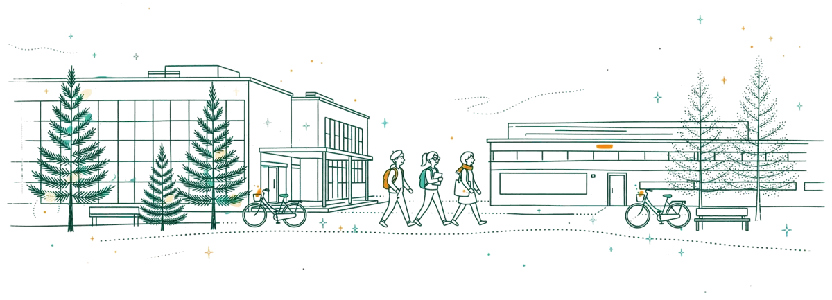 Dessin au trait : allée entre bâtiments universitaires et technopole