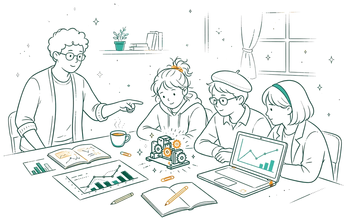 Dessin au trait : groupe projet avec un enseignant tuteur