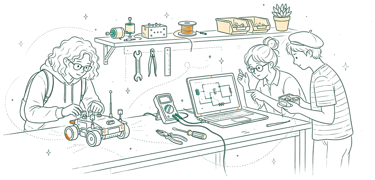 Dessin au trait : étudiants qui testent un robot en atelier