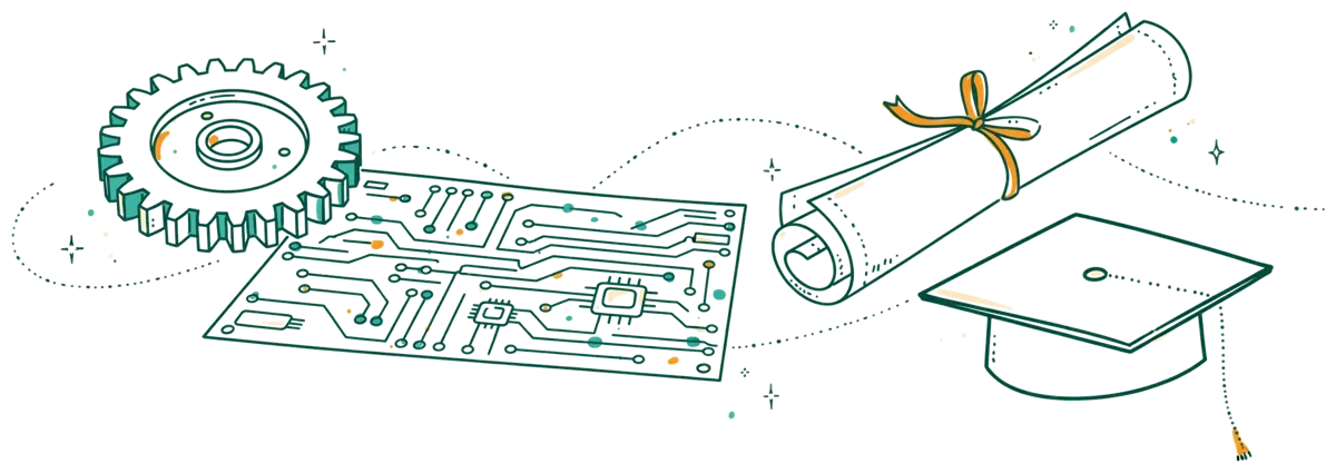 Dessin au trait : engrenage, circuit et plan d’ingénieur
