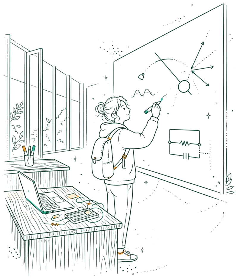 Dessin au trait : élève en prépa devant un tableau de maths et physique