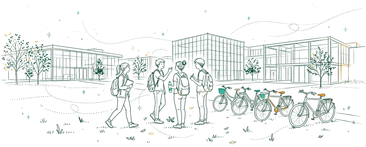 Dessin au trait : campus d’école d’ingénieurs avec étudiants