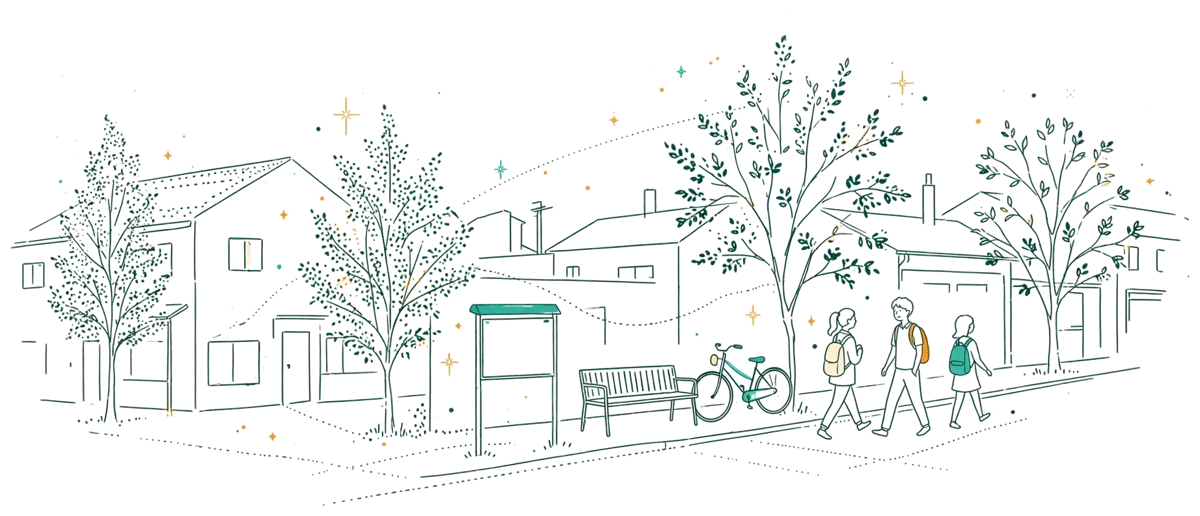 Dessin au trait : rue calme avec entrée d’école et élèves