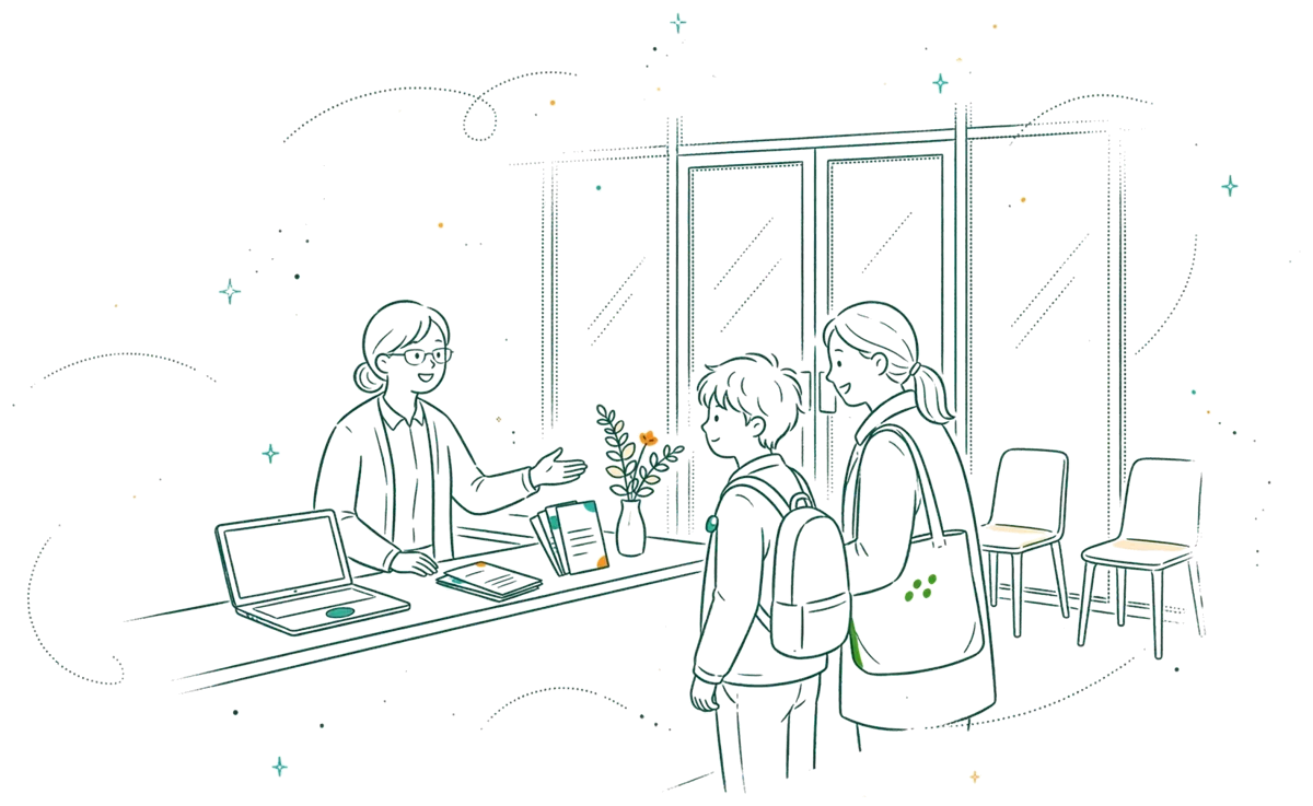 Dessin au trait : accueil de l’école avec visiteur et employé