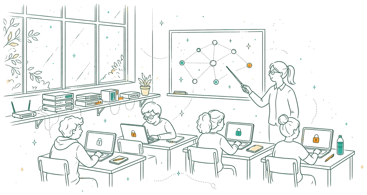 Dessin au trait : cours en salle avec portables et tableau réseau