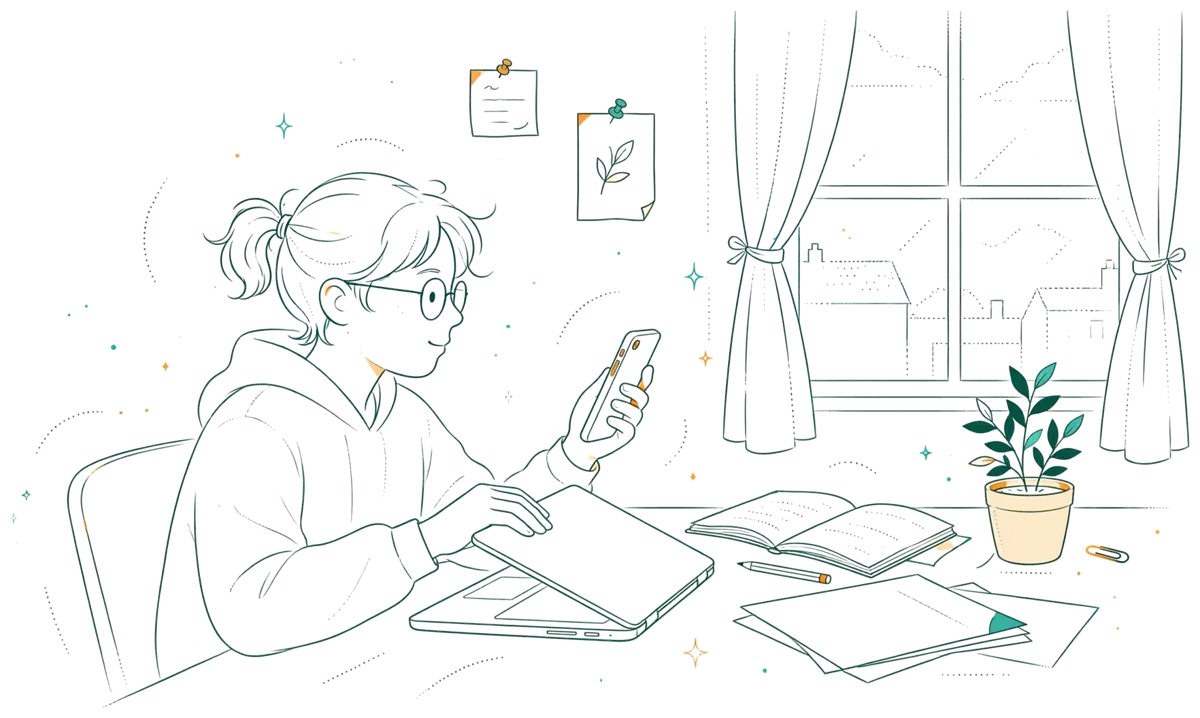 Dessin au trait : lycéen à son bureau avec portable et téléphone