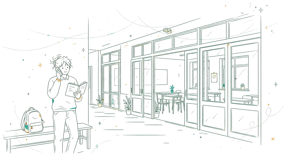 Dessin au trait : étudiante qui appelle le campus