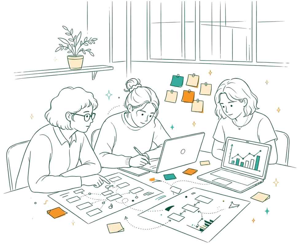 Dessin au trait : étudiants autour de parcours clients