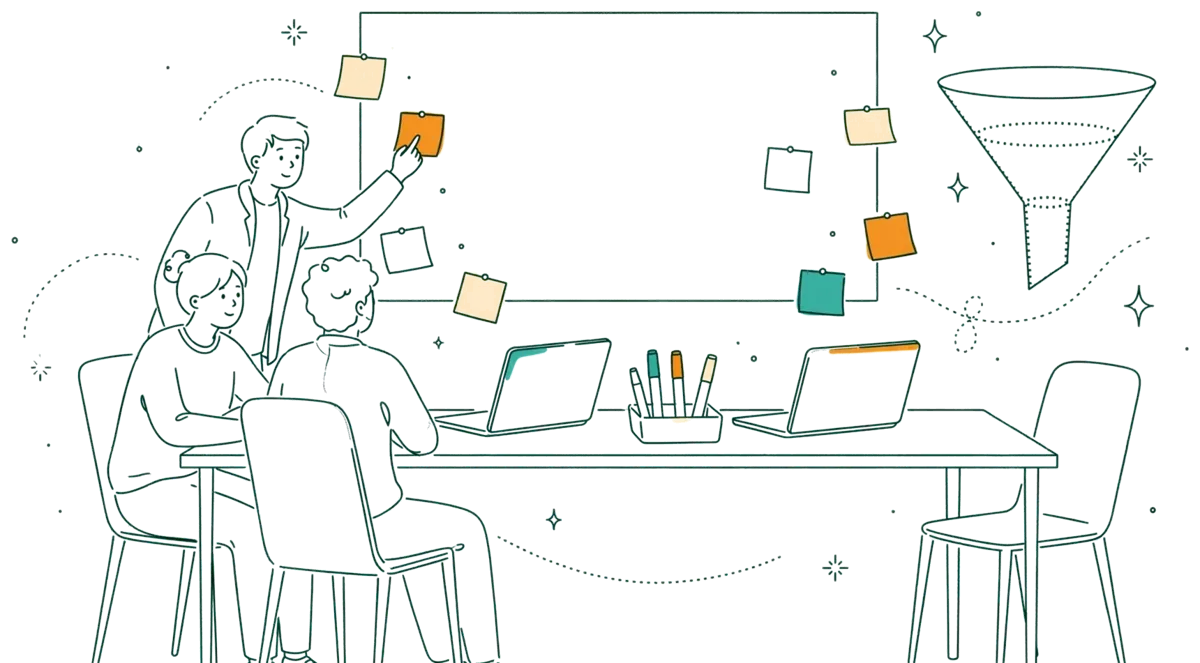 Dessin au trait : tableau de stratégie avec notes et portables