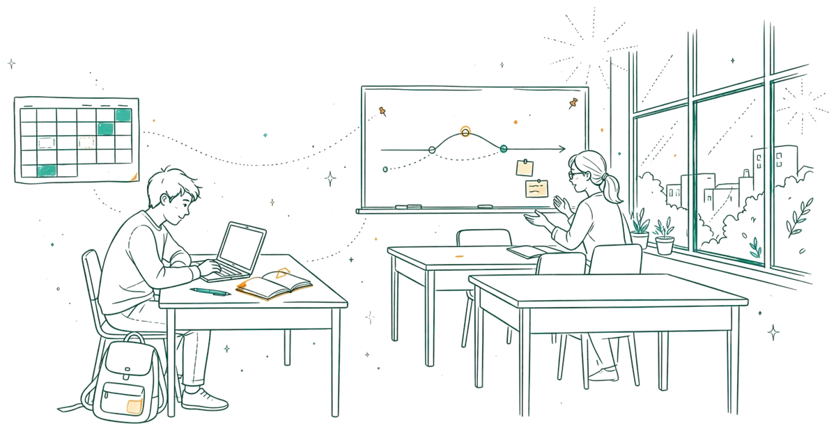 Dessin au trait : étudiant en cours puis en entreprise