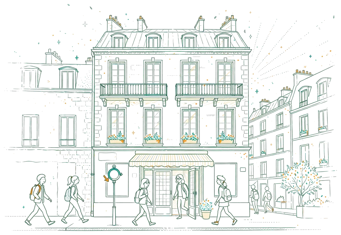 Dessin au trait : entrée de l’école dans une rue parisienne