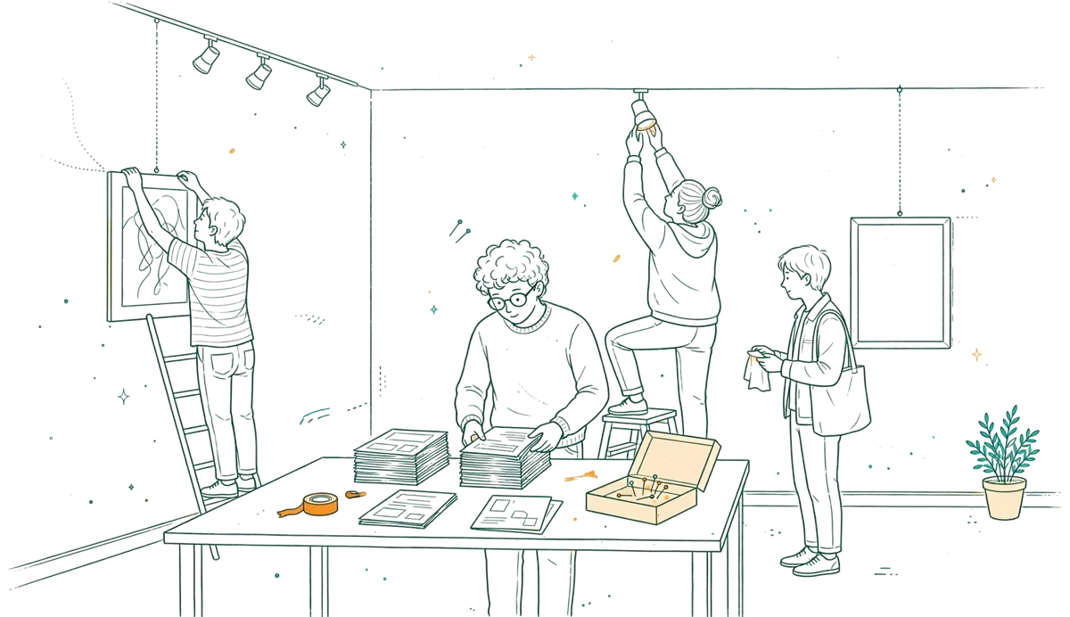 Dessin au trait : étudiants qui installent une exposition en galerie