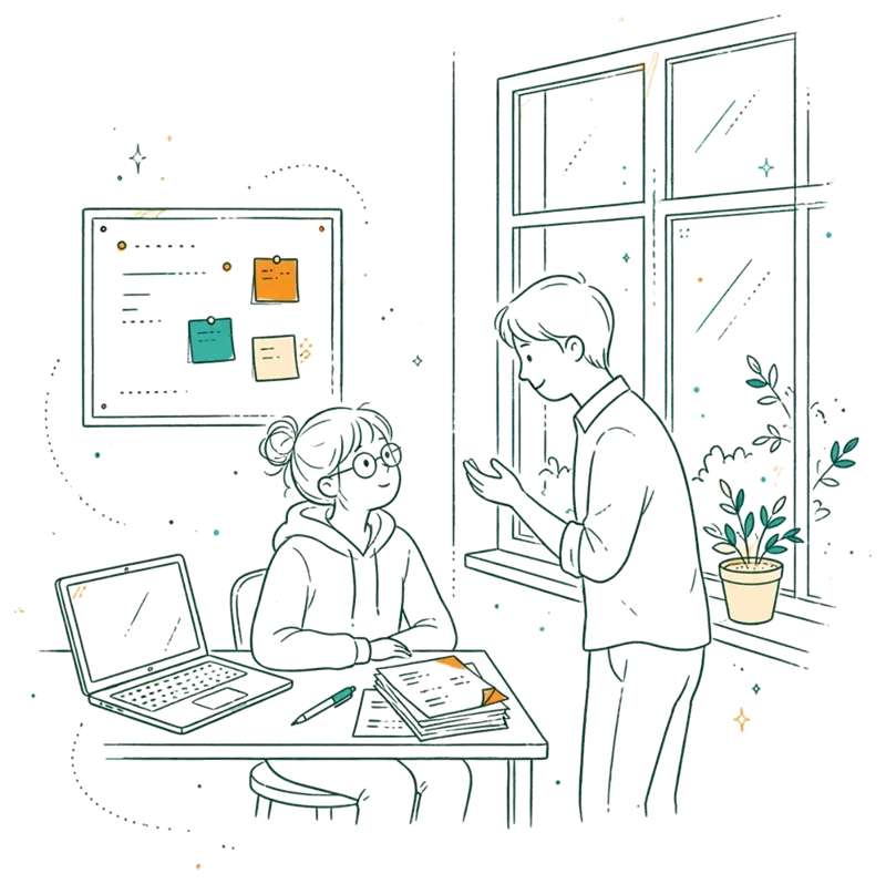 Dessin au trait : apprenti en petite entreprise avec dossiers