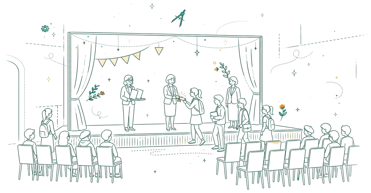 Dessin au trait : remise de diplômes d’ingénieurs en amphi