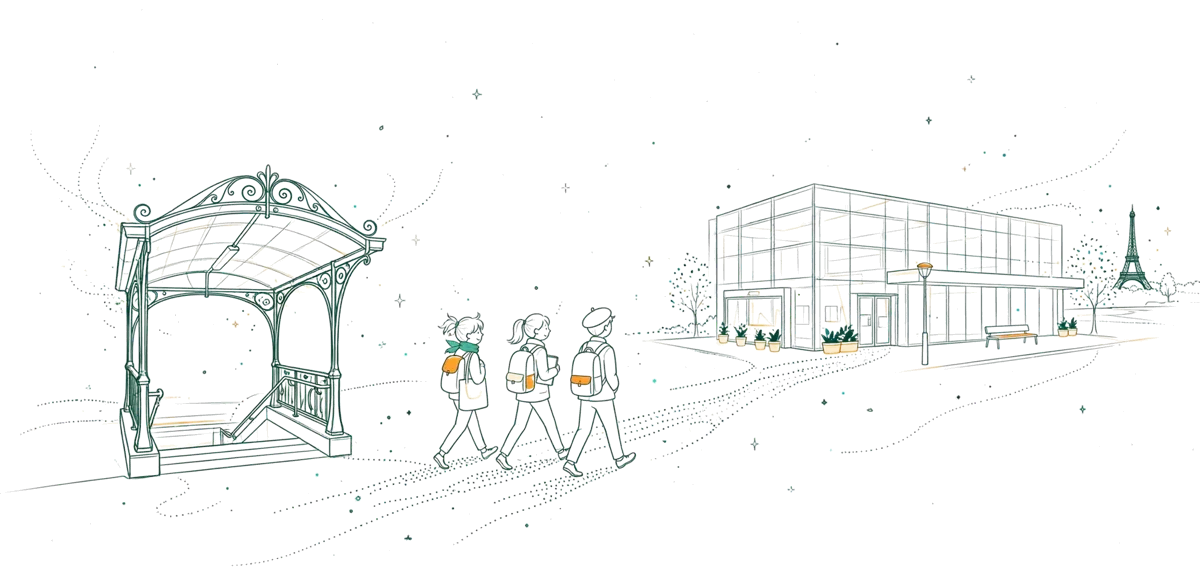 Dessin au trait : étudiants rejoignant le bâtiment moderne près du métro parisien.