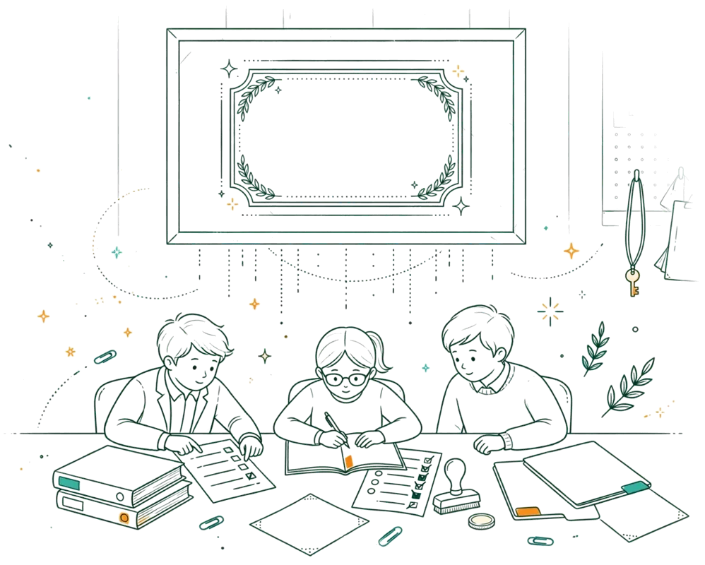Dessin au trait : étudiants qui vérifient un dossier de certification