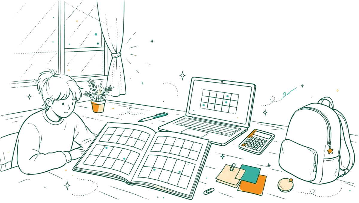 Dessin au trait : bureau avec planning d’alternance sur deux semaines