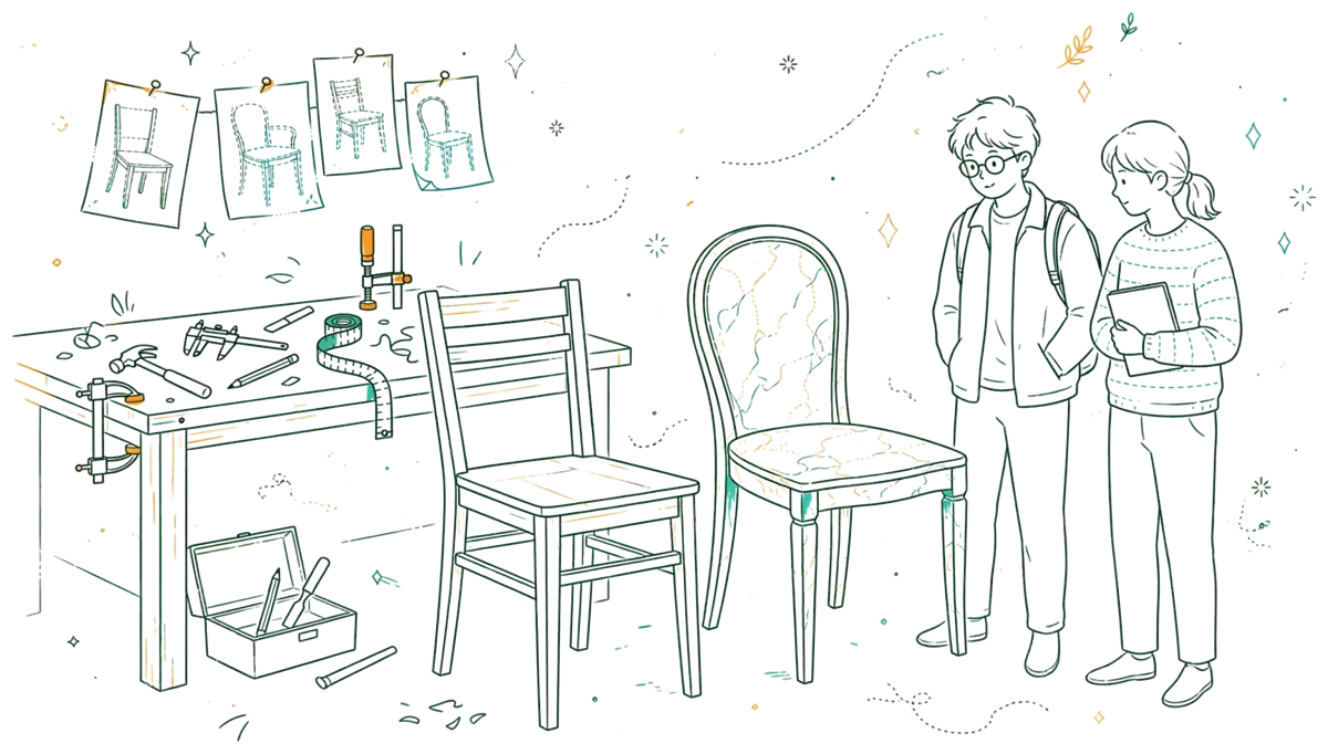 Dessin au trait : atelier de mobilier en bois et marbre