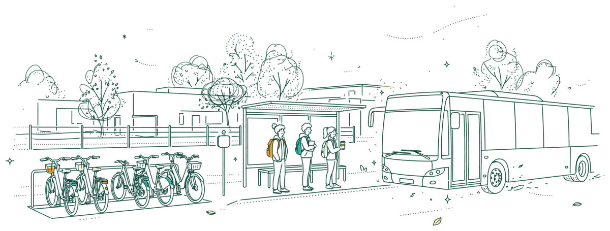 Dessin au trait : arrêt de bus et vélos près du campus