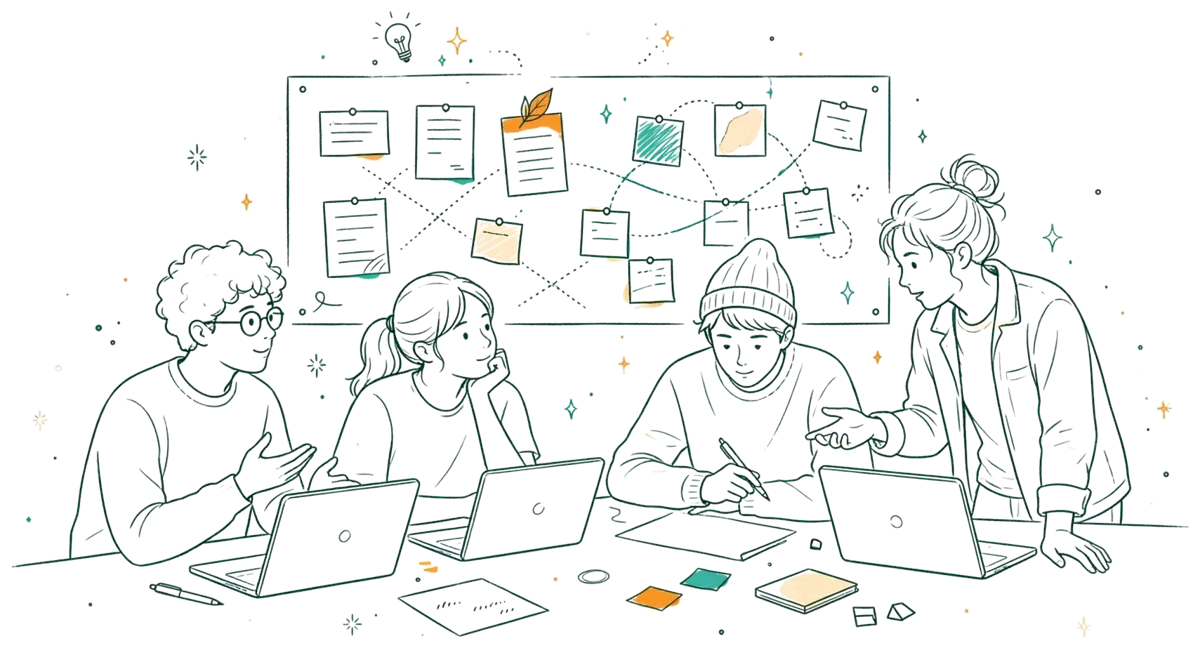 Dessin au trait : travail de groupe autour d’une table