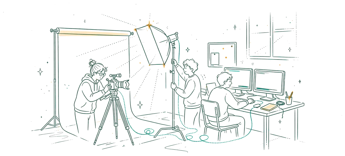 Dessin au trait : studio de tournage et poste de montage