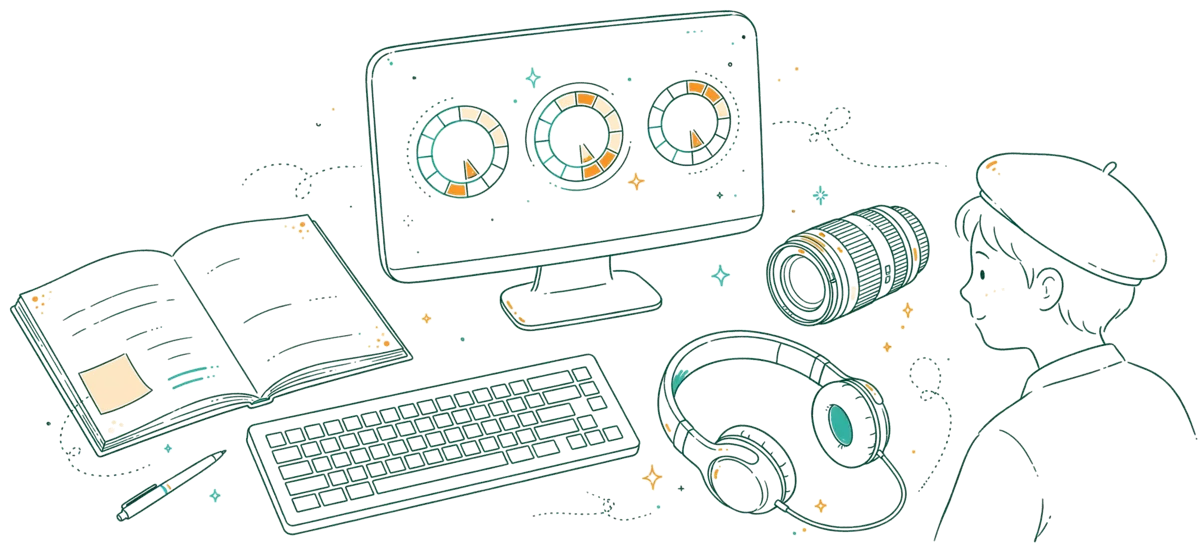 Dessin au trait : bureau de montage avec casque et clavier