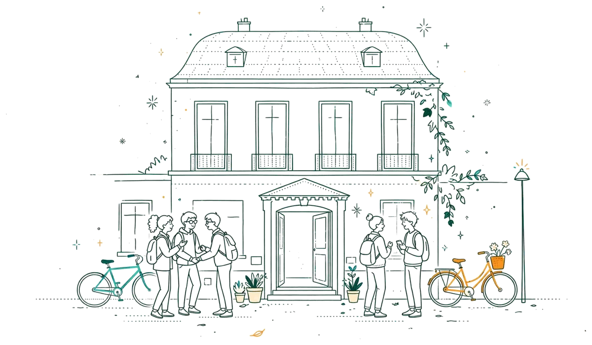 Dessin au trait : entrée d’école dans une rue parisienne