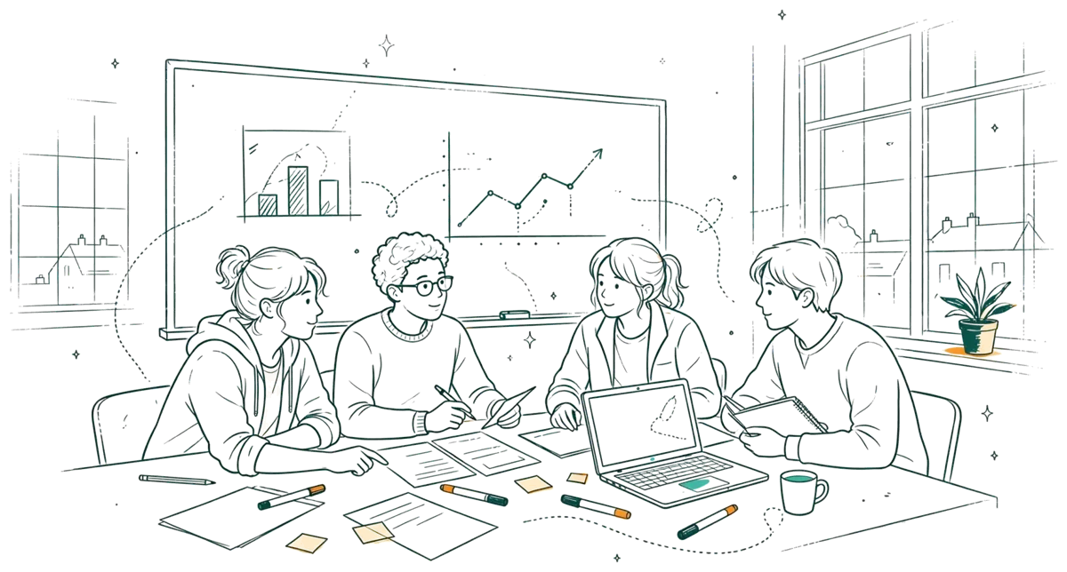 Dessin au trait : étudiants en pitch dans une salle de cours