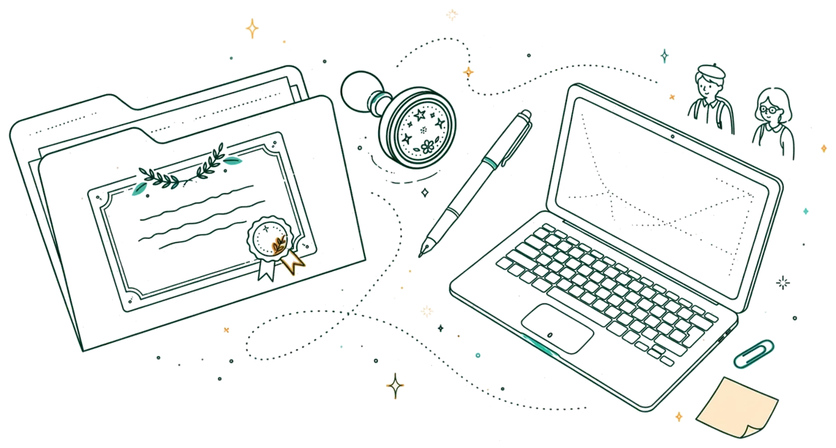 Dessin au trait : dossier de certification posé sur bureau