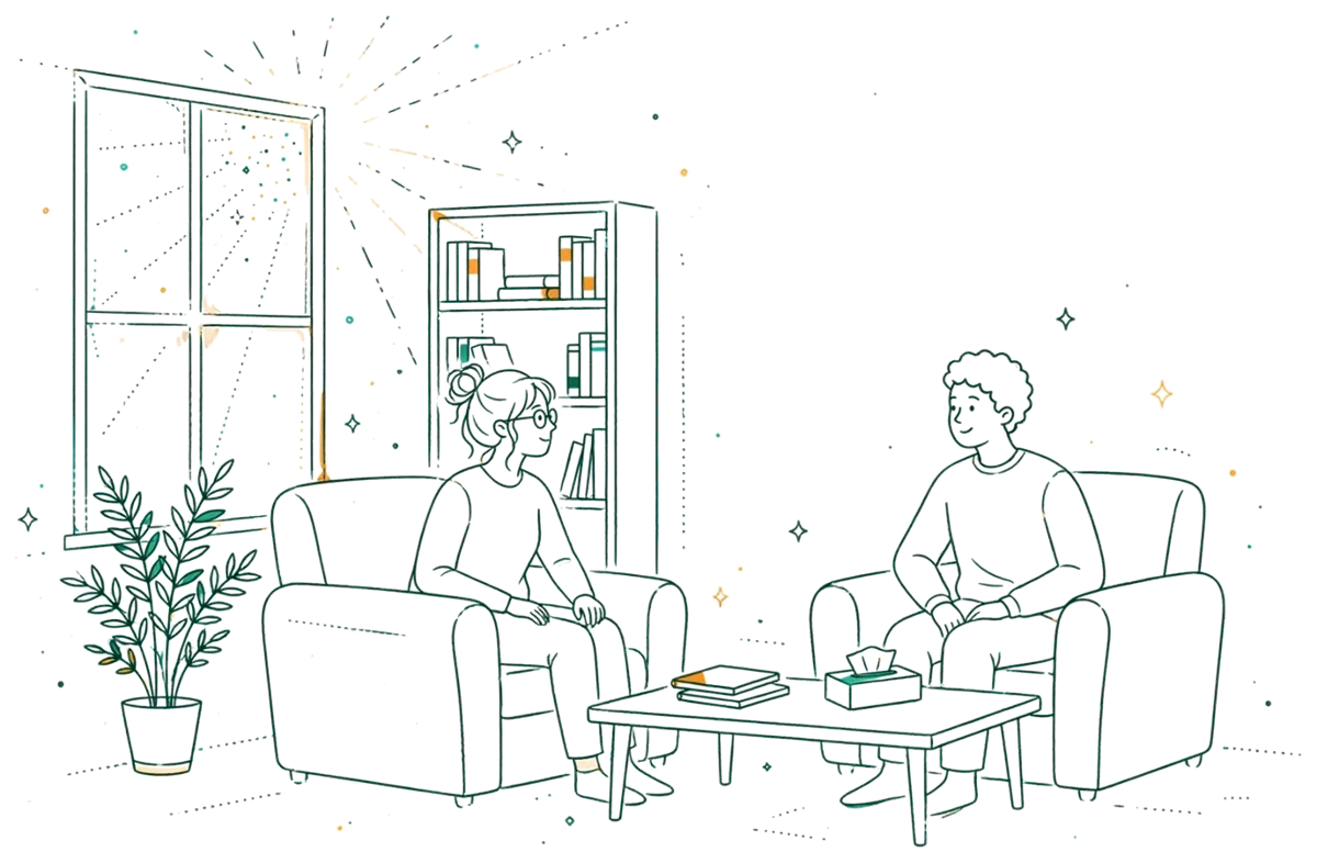 Dessin au trait : bureau calme avec deux fauteuils et carnets sur table basse