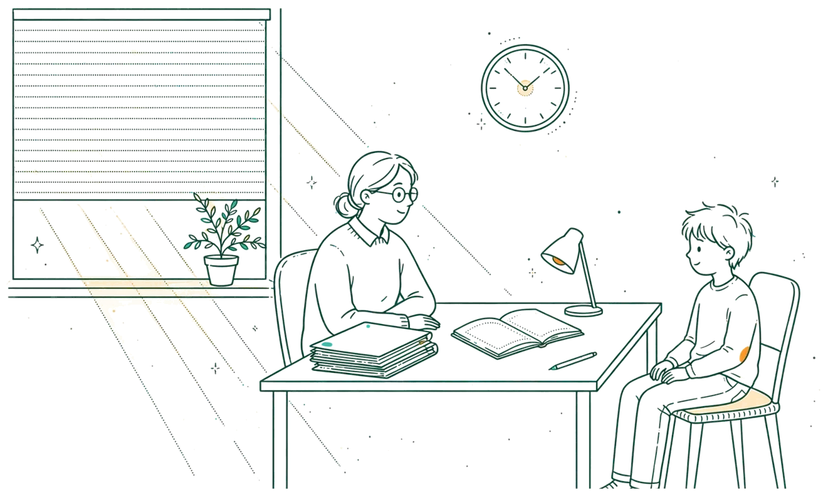 Dessin au trait : bureau d’écoute avec carnet ouvert et lampe sur bureau