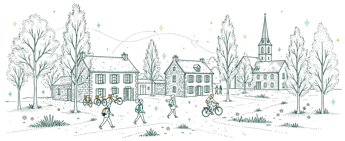 Dessin au trait : campus au cœur du village entouré de nature