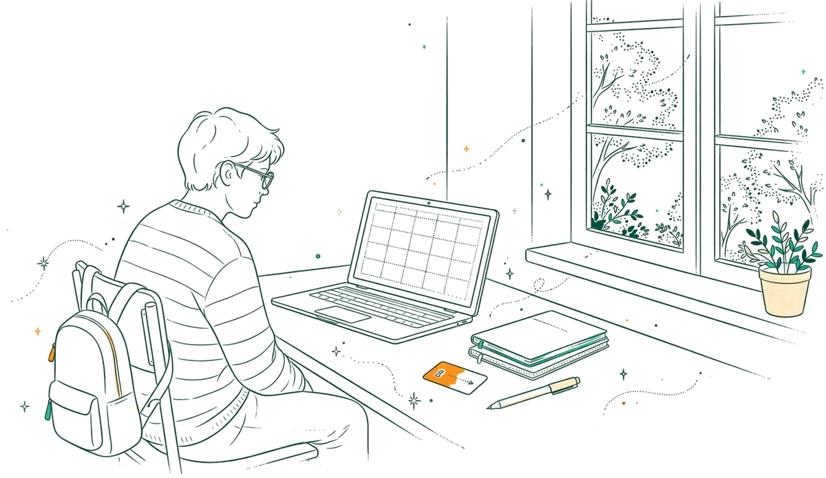 Dessin au trait : bureau étudiant avec planning en ligne