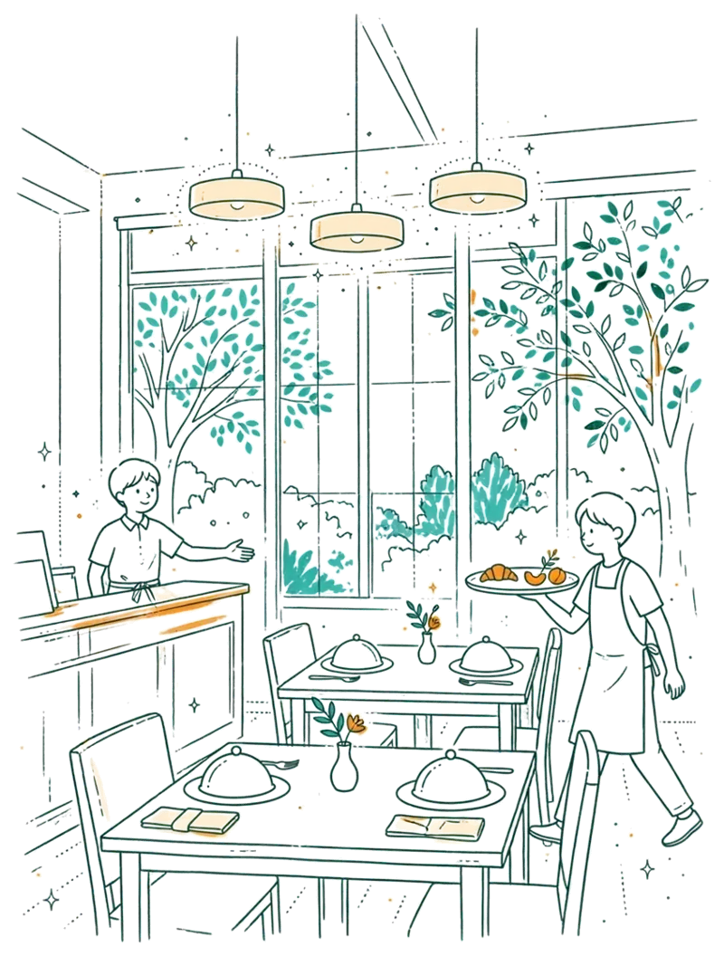 Dessin au trait : salle de restaurant d'application et réception d'hôtel