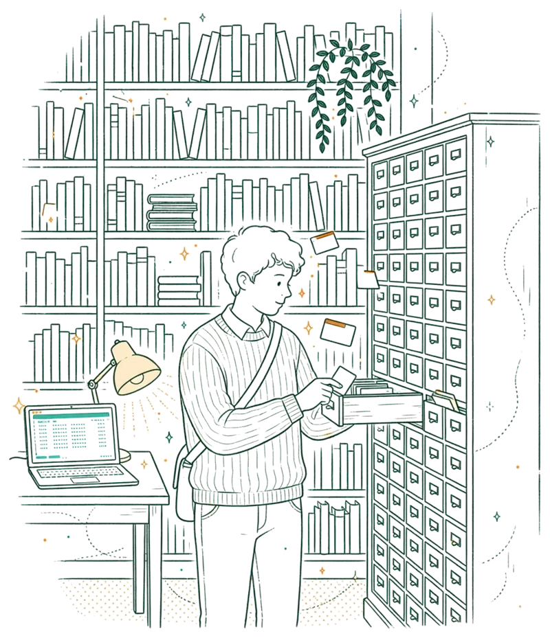 Dessin au trait : étudiant devant un meuble à fiches en bibliothèque