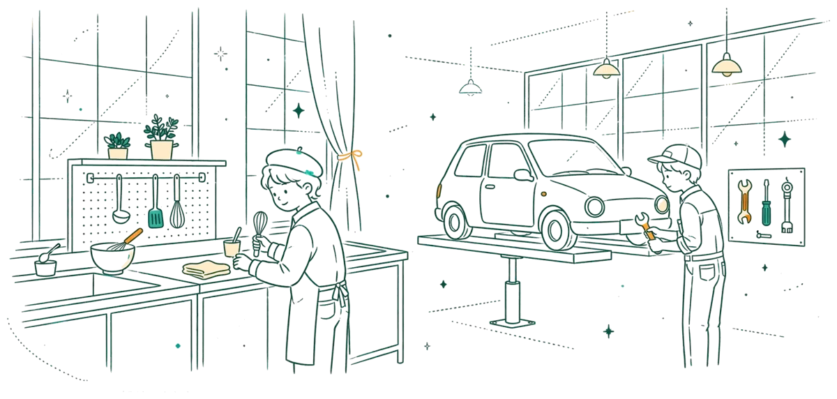 Dessin au trait : ateliers cuisine et automobile avec apprentis au travail
