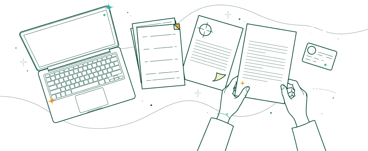 Dessin au trait : dossier de candidature sur bureau