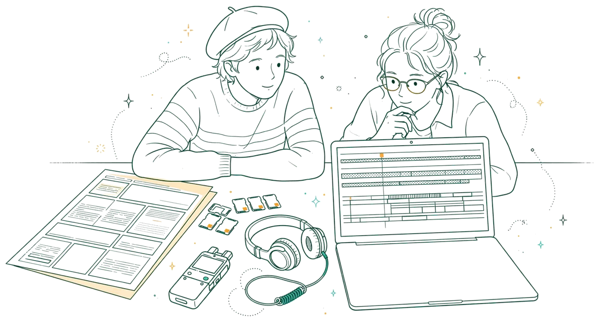 Dessin au trait : bureau avec enregistreur, casque et mise en page