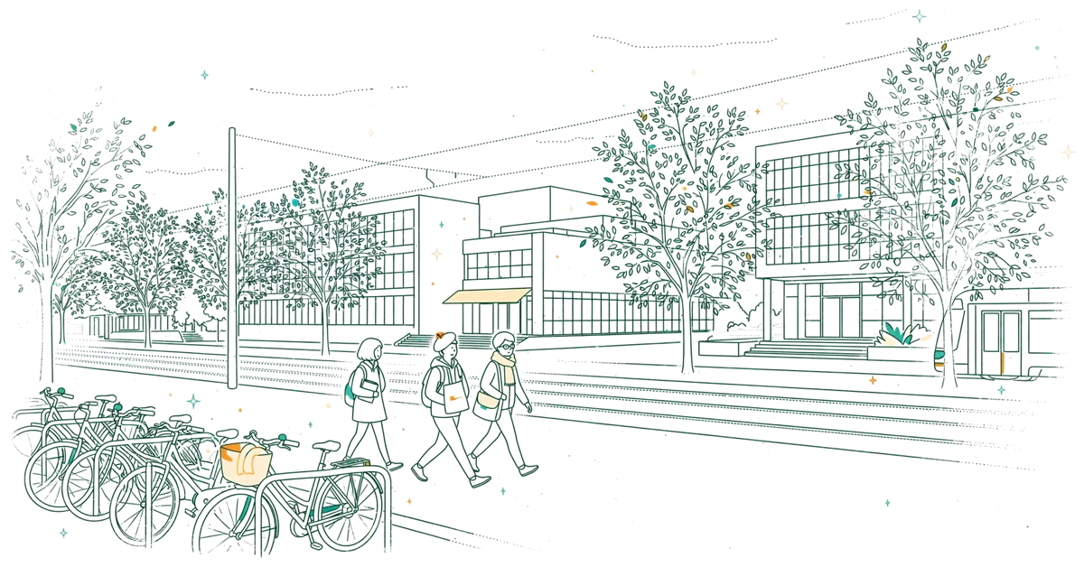 Dessin au trait : quartier universitaire autour de l’école
