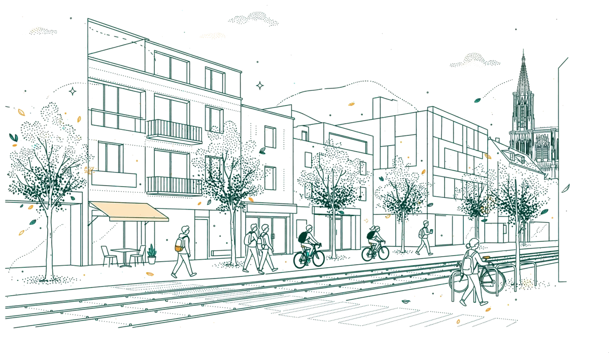 Dessin au trait : rue universitaire avec tram et étudiants