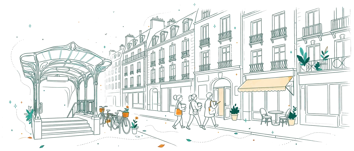 Dessin au trait : rue parisienne devant l’entrée de l’école