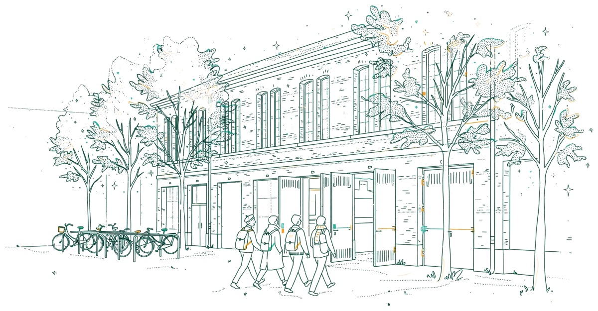 Dessin au trait : la cour et la façade des ateliers de l’école.
