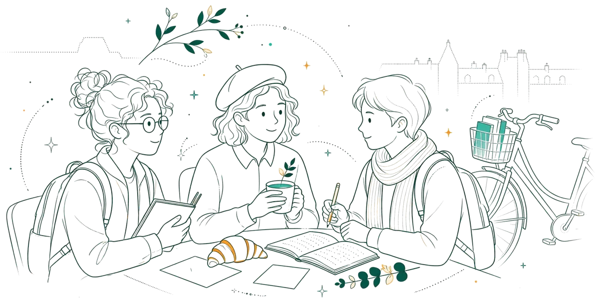 Dessin au trait : anciens élèves échangeant avec des étudiants