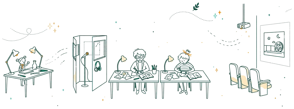 Dessin au trait : salles stop motion, son et projection de l'école