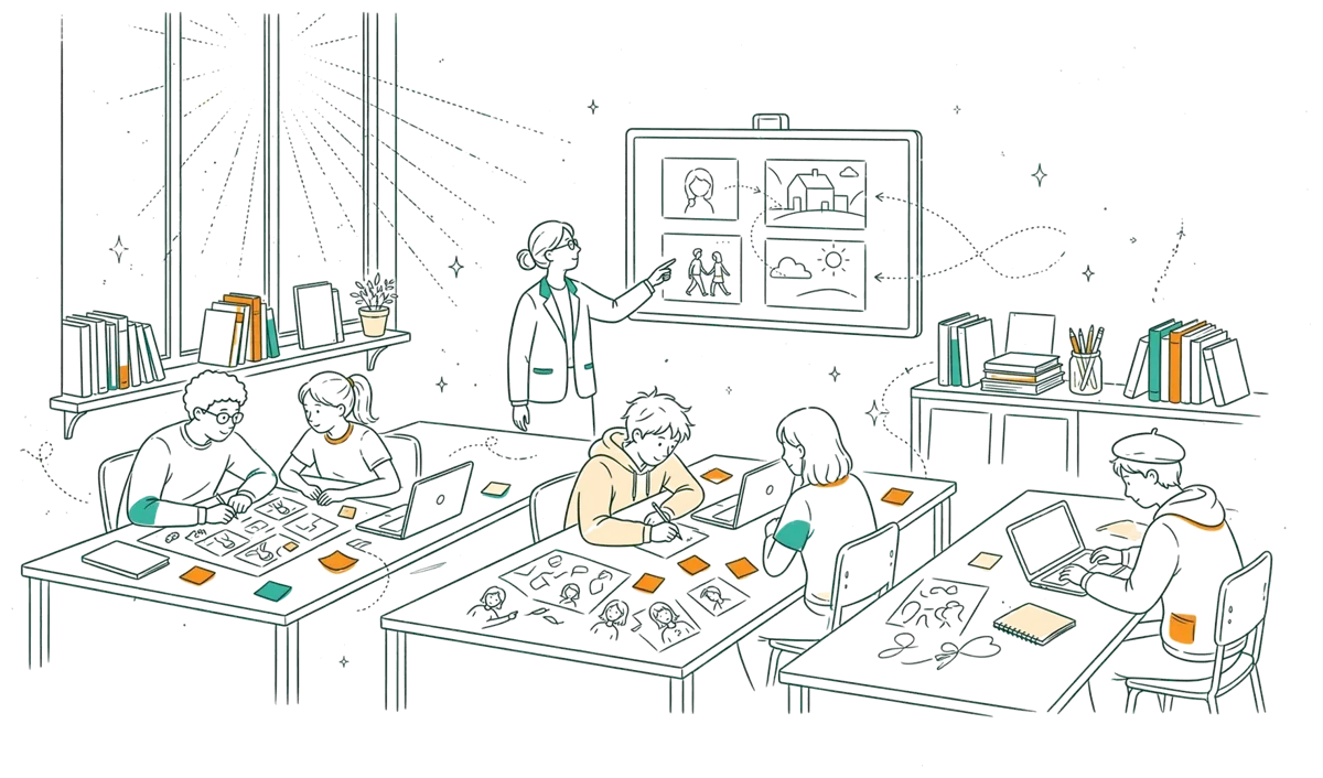 Dessin au trait : travail en équipe sur storyboards en salle de cours