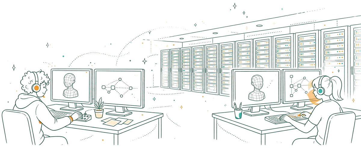 Dessin au trait : salle informatique avec logiciels d'animation 3D