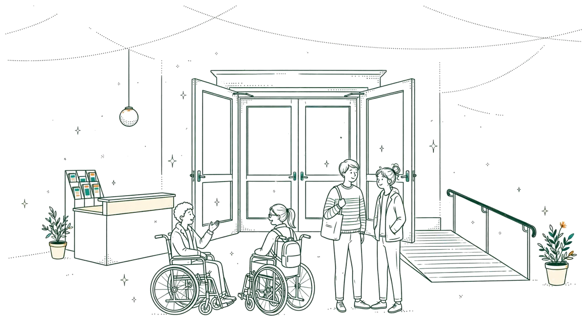 Dessin au trait : foyer accessible de plain-pied avec rampe