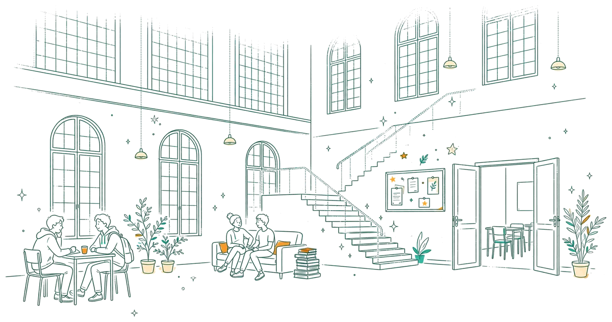 Dessin au trait : hall de campus avec étudiants qui échangent