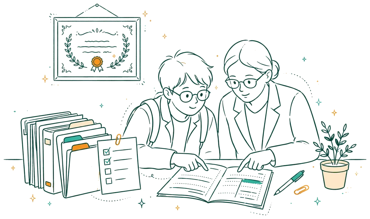 Dessin au trait : bureau qualité avec certificat encadré au mur