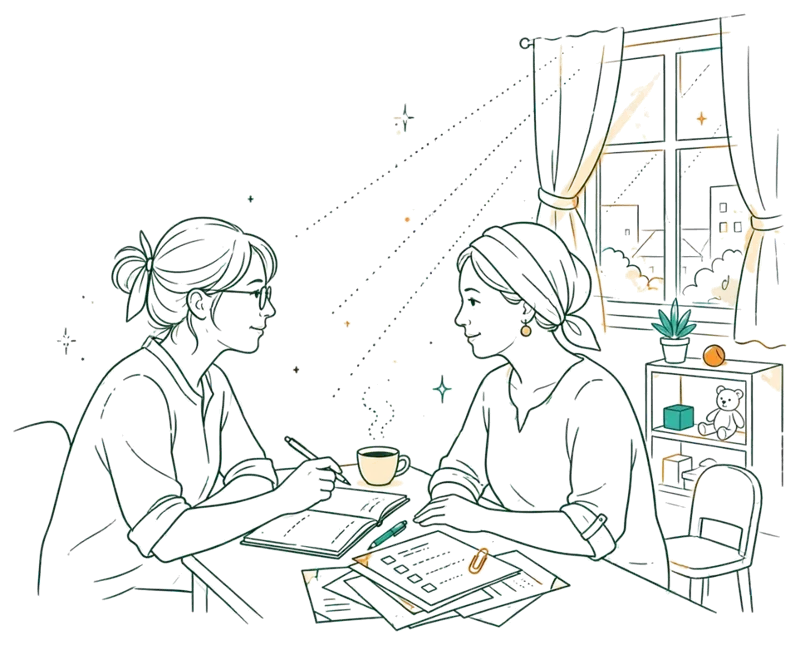 Dessin au trait : entretien d'accompagnement dans un bureau